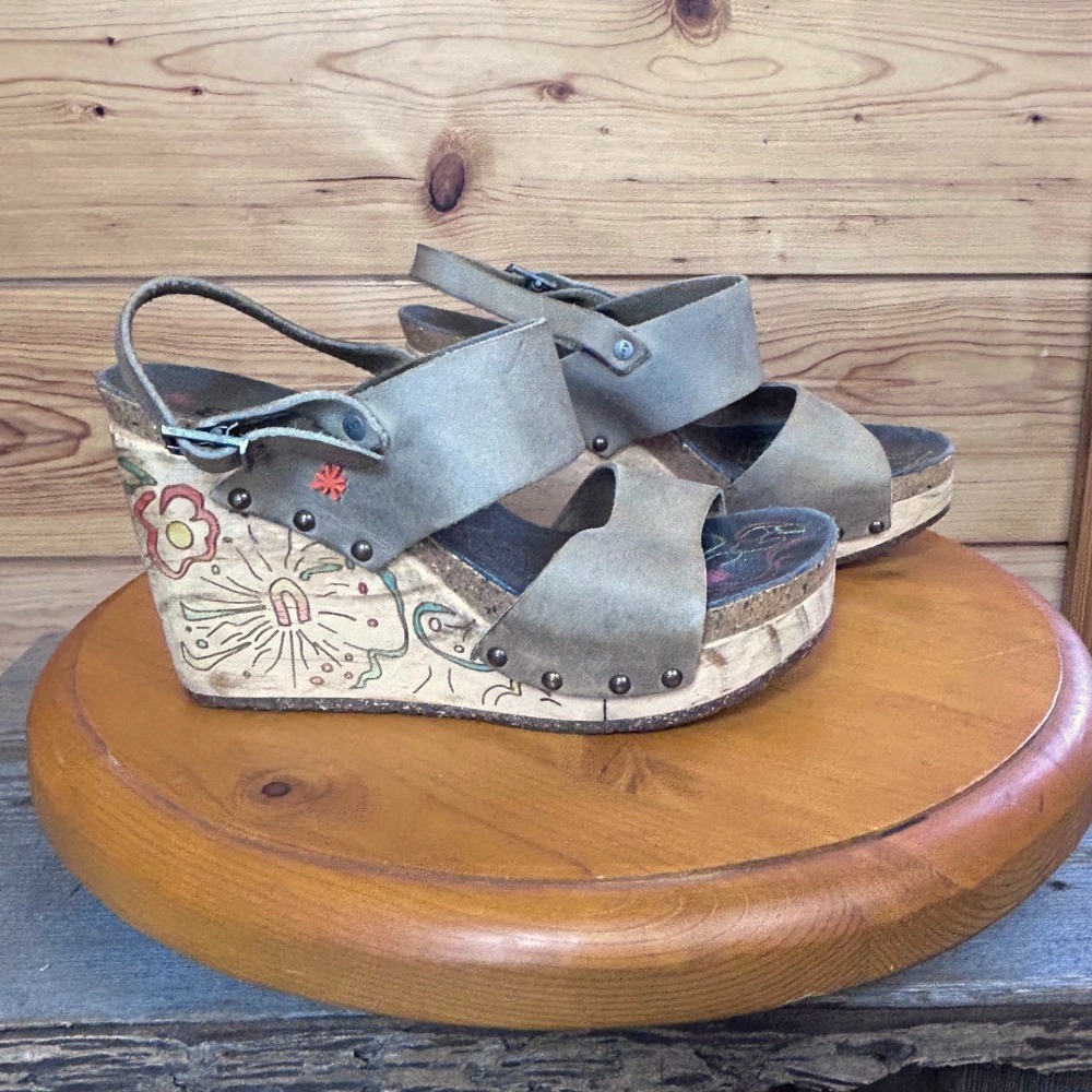 Art Company Antelope Wedge Platform Sandals Suede Floral Painted Boho Grey Brown